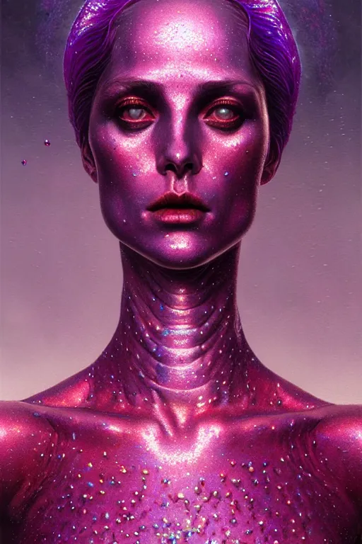 Prompt: pearlescent red purple lilith! the mother of all monsters!!, covered in iridescent glitter!!, raining ash, fine art masterpiece, highly detailed dino valls wayne barlowe machiej kuciara, dramatic lighting, long shot, side angle, uhd 8 k, sharp focus