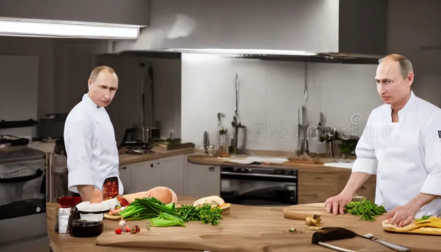 Image similar to vladimir putin in white apron in kitchen cooking dinner. stock photo, high key lighting, photograph