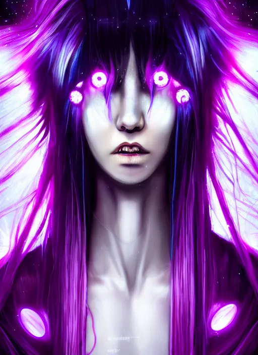 Image similar to hair whitebangs hair, black cyberlox, portrait of teenage girl with white bangs, whitebangsblackhair, messy bangs, cyberlox, whitebangs, red irises, purple clothes, intricate, elegant, glowing lights, highly detailed, digital painting, artstation, concept art, sharp focus, illustration, art by wlop, mars ravelo and greg rutkowski