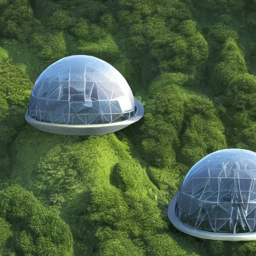 Prompt: vertical farm domes next to sci - fi nuclear cuboid glass containment building in a steep sided valley with trees, a sense of hope and optimism, hyper realistic, high res, 4 k, stark light, edouard groult, bynde, kirill leonov, isaac zuren