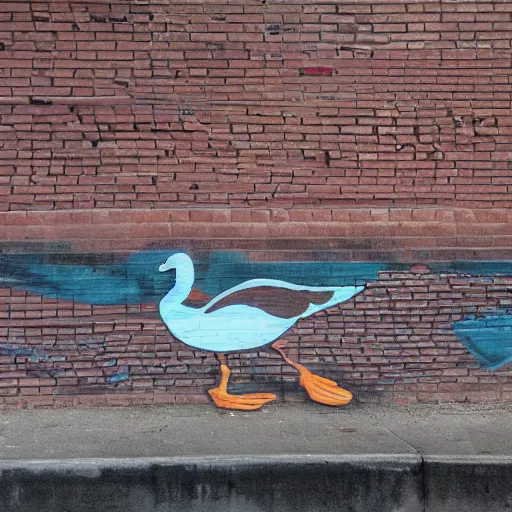 Prompt: a duck walking across the sidewalk, graffiti art on a brick wall