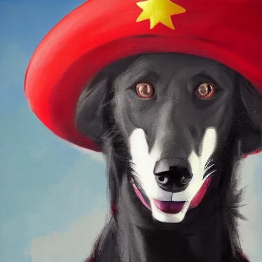 Image similar to Portrait painting of a antropormophic Red Borzoi Dog using a communist red beret as an Overwatch character, medium shot, asymmetrical, profile picture, Organic Painting, sunny day, Matte Painting, bold shapes, hard edges, street art, trending on artstation, by Huang Guangjian and Gil Elvgren and Sachin Teng