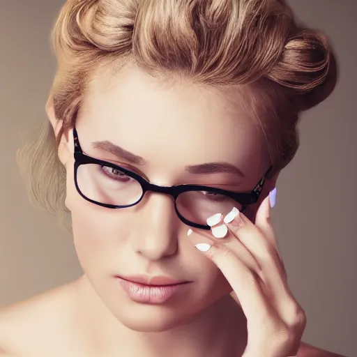 Image similar to middle aged beautiful french woman with blonde hair tied in a strict bun, busy manicuring nails, spectacles, lots of makeup, arrogant, rich, expensive voluminous dress, digital art, high quality, 8 k, detailed, d & d character,