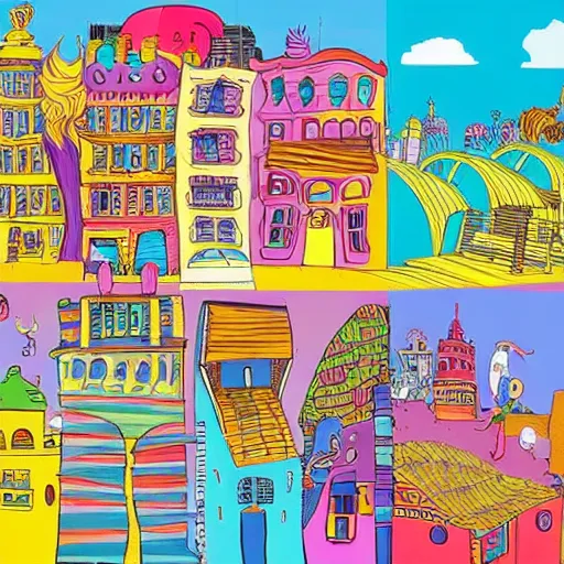 Image similar to fanciful city filled with curvy buildings, by dr seuss, the lorax,, arches, platforms, towers, bridges, stairs, colorful kids book illustration, oh the places you'll go