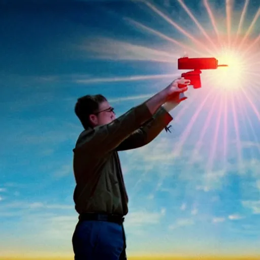 Image similar to a man with a pistol, shooting the sun out of the sky, surreal