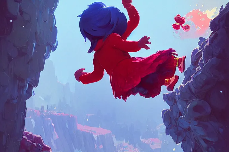 Image similar to madeline from celeste jumping to a big strawberry, ( ( ( blue bubble jacket ) ) ) ( ( ( red long hair ) ) ), highly detailed, digital painting, artstation, concept art, sharp focus, illustration, art by greg rutkowski and alphonse mucha