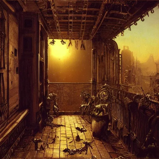 Prompt: painting of hr giger artlilery scifi balcony with ornate metal work lands on a farm, fossil ornaments, volumetric lights, purple sun, andreas achenbach