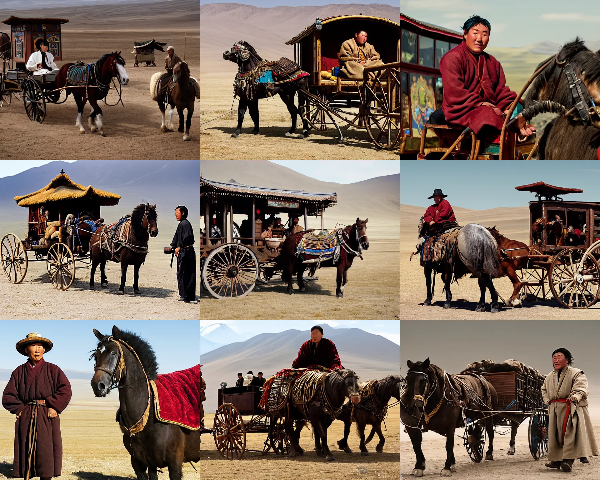 Prompt: a mongolian man as the character of silicon valley movie sits with his pc in the carriage, horse pulling a carriage, man steal computers, film still, mega detailed, carriage full of computers