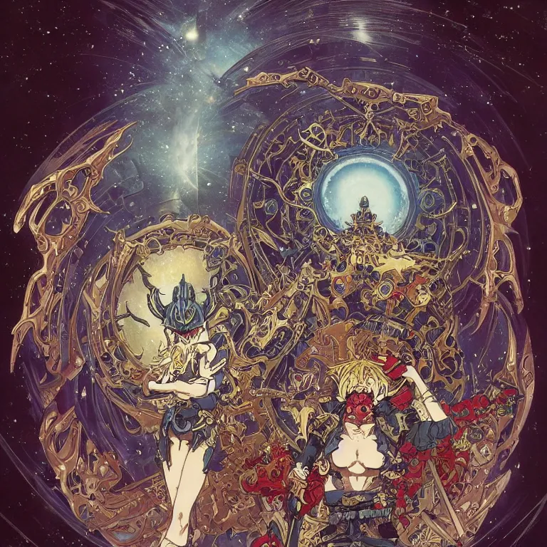 Prompt: portrait of The Anti-Spiral from Tengen Toppa Gurren Lagann by Jeff Easley and Peter Elson + beautiful eyes, beautiful face + symmetry face + border and embellishments inspiried by alphonse mucha, fractals in the background, galaxy + baroque, gothic, surreal + highly detailed, intricate complexity, epic composition, magical atmosphere + masterpiece, award winning + trending on artstation