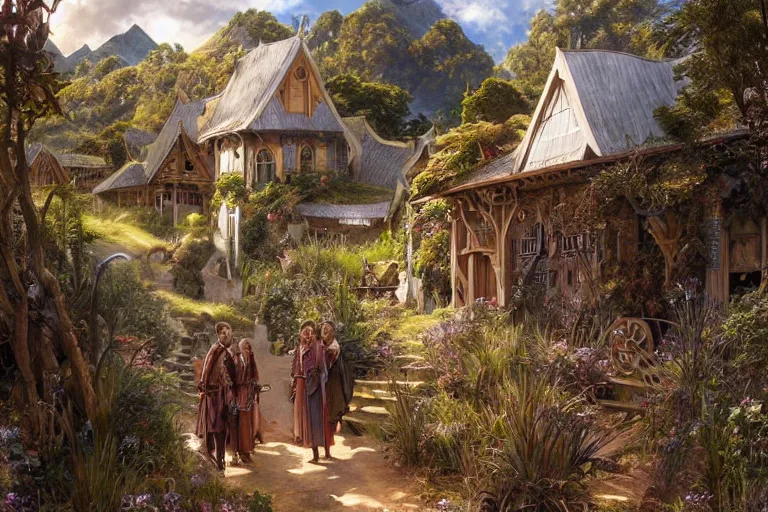 Image similar to a lord of the rings village in large new zealand landscape, shiny colors, high - key lighting, beautiful composition, intricate, elegant, pro photography by, highly detailed, art by artgerm and greg rutkowski and alphonse mucha