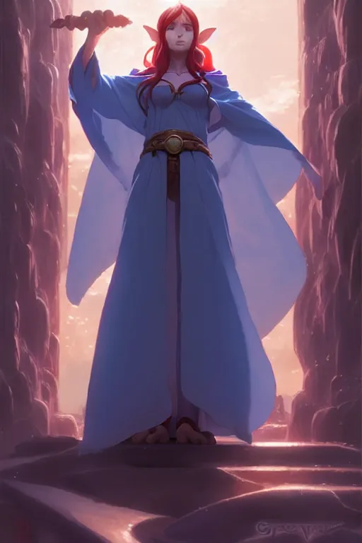 Image similar to elf female sorcerer doing water magic spells, blue robes, red hair, finely detailed perfect face, exquisite details, mid view, design on a white background, by studio muti, greg rutkowski makoto shinkai takashi takeuchi studio ghibli