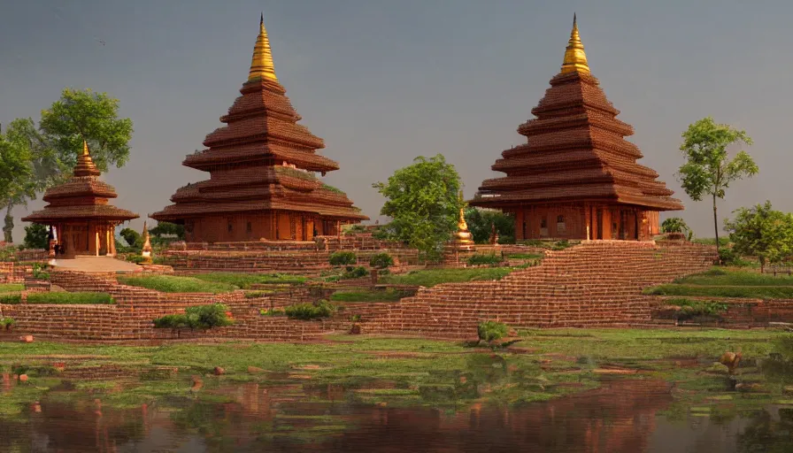 Image similar to matte painting of a beautiful mon - dvaravati village and buddhist temple and stupa made by brick, digital art, trending on artstation