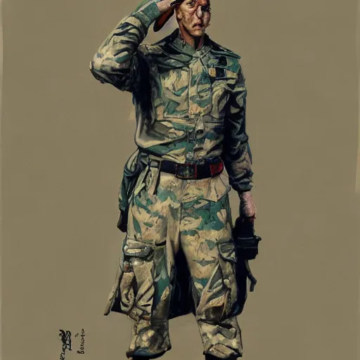 Image similar to Portrait figure study ripped physique kitty cat general camouflaged as a kitty cat man wearing a military officer uniform jean helion greg rutkowski Dan Witz norman rockwell victo ngai