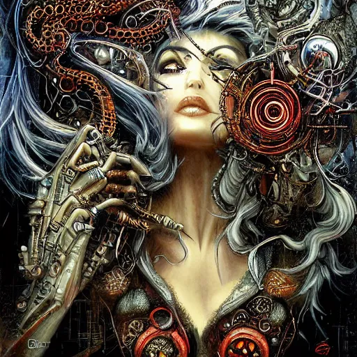 Image similar to cybernetic demon dreaming, lsd, circuitry, intricate detail, royo,