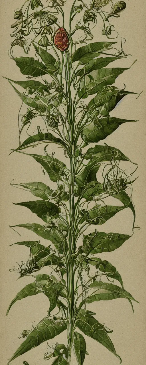 Prompt: alien insectoid plant vintage botanical illustration style