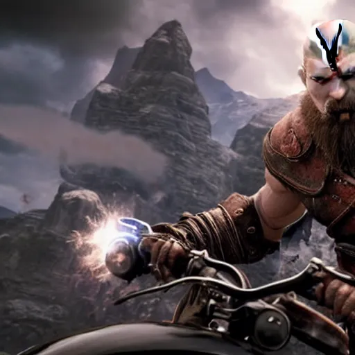 Prompt: kratos, with leviathan axe, jumping a black harley - davidson motorcycle off a cliff, cinematic render, playstation studios official media, god of war 2 0 1 8