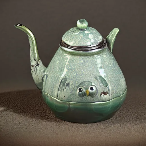 Prompt: still life photograph of an owl kettle, glazed ceramic, tilt shift, very beautiful, global illumination, intricate linework, short spout, thin handle