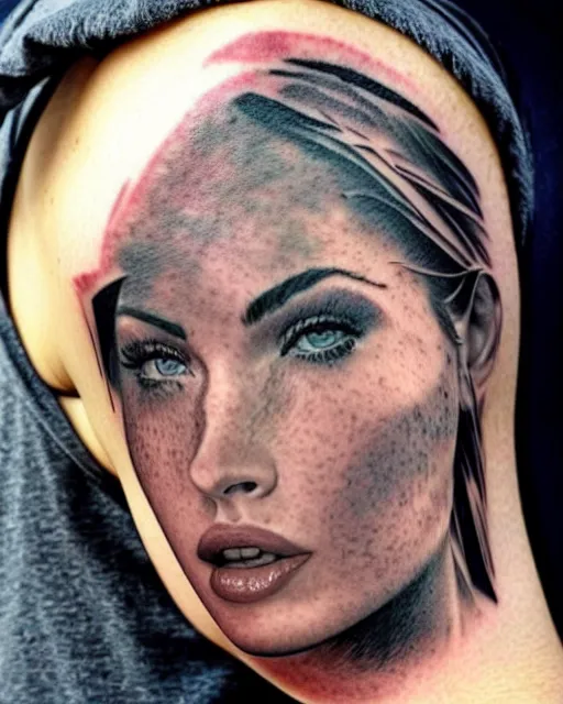 Image similar to creative double exposure effect tattoo design sketch of megan fox on a background of beautiful mountain scenery, realism tattoo, in the style of matteo pasqualin, amazing detail, sharp