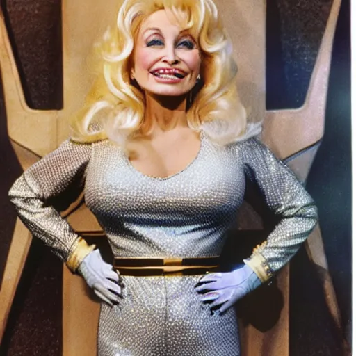 Prompt: dolly parton on the set of star trek, 1 9 7 0 s vogue magazine cover