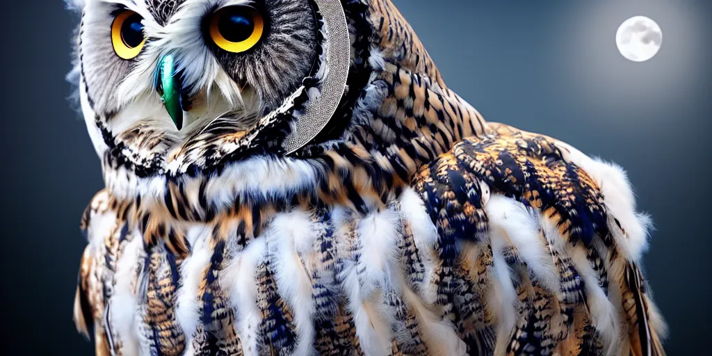 Image similar to An owl with fluffy fur holding a sword, moonlight, natural light, Cinematic level shot, dynamic pose, award winning photograph, photorealism, beautiful lighting, sharp, details, hyper-detailed, HDR, 8K