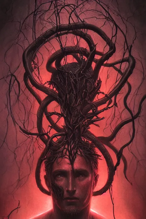 Image similar to realistic portrait beautiful detailed matte painting of cinematic movie scene a ancient god of death, tentacles, black and red, thorns, vines, horror, created by gustave dore and greg rutkowski, high detailed, smooth draw, synthwave neon retro, intricate, realistic proportions, dramatic lighting, trending on artstation.