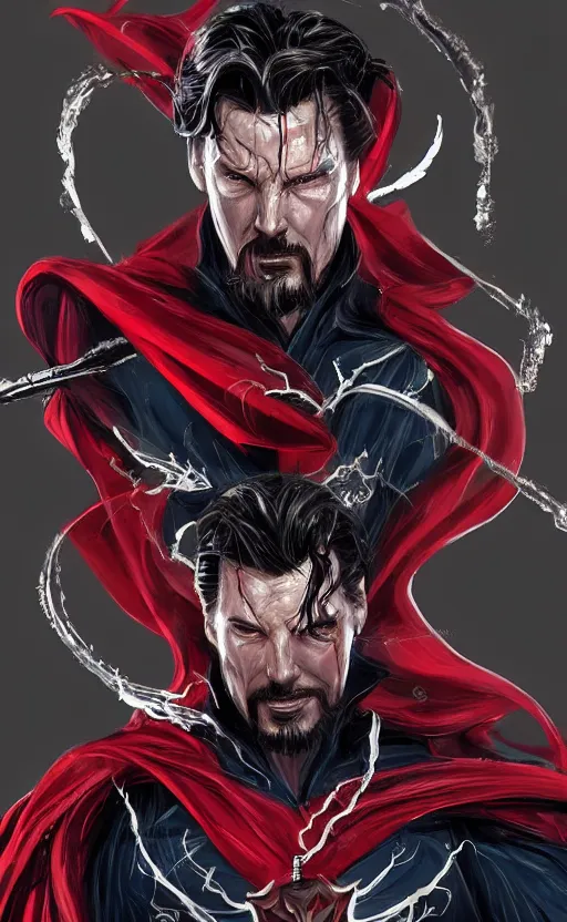 Image similar to venom as doctor strange, black and red suit, dynamic lighting, photorealistic fantasy concept art, trending on art station, stunning visuals, terrifying, creative, cinematic