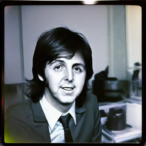 Image similar to Polaroid Portrait of a younger 1970s 35 year old Paul McCartney, taken in the 1970s, photo taken on a 1970s polaroid camera, grainy, real life, hyperrealistic, ultra realistic, realistic, highly detailed, epic, HD quality, 8k resolution, body and headshot, film still, front facing, front view, headshot and bodyshot, detailed face, very detailed face, by Andy Warhol