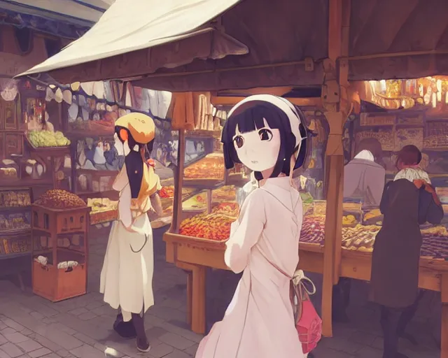 Image similar to anime visual, portrait of a young female traveler in an open medieval market shopping, cute face by yoh yoshinari, katsura masakazu, dynamic pose, dynamic perspective, strong silhouette, anime cels, ilya kuvshinov, cel shaded, crisp and sharp, rounded eyes, moody