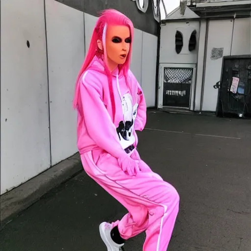 Prompt: photo of jeffree star in the 2 0 0 0 s with pink red hair in a pink juicy tracksuit