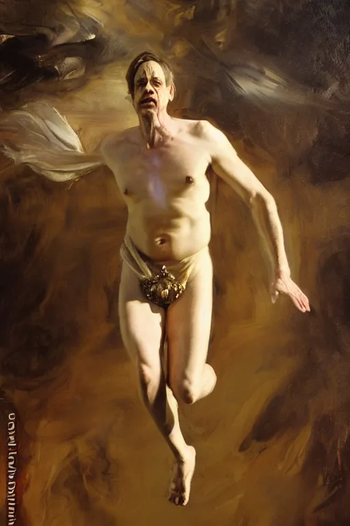 Image similar to beautiful detailed expressive impressionistic oil painting portrait of ancient roman god emperor steve buscemi levitating, ascending into the dark wearing the civic crown, renaissance painting, black background, art by anders zorn, wonderful masterpiece by greg rutkowski, expressive brush strokes, beautiful cinematic light, american romanticism by greg manchess, jessica rossier