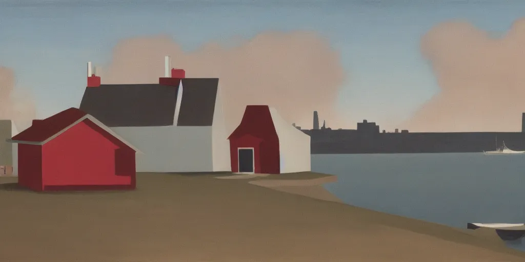 Image similar to In the foreground is a small red house, and in the background is the smoky NY City, George Ault painting style.