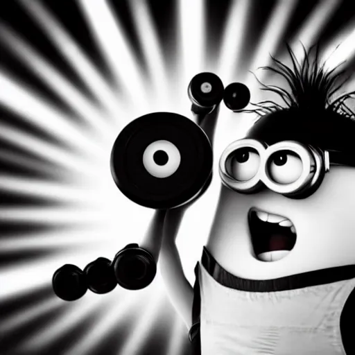 Image similar to black & white epic!!! photograph of a minion from “ despicable me ” in the gym lifting weights, very angry!!!!!! face, motivational poster, highly detailed, cinematic lighting, photo, award - winning photograph, professional photograph, dramatic posing, 8 k quality, dramatic rim lighting, high quality