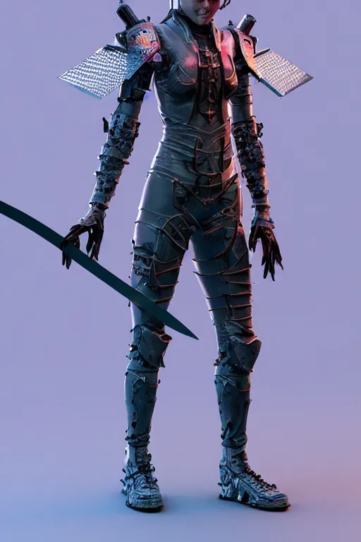 Prompt: [ grimes in medieval cyberpunk armor ]! holding a [ sword in her hand ]! in a [ futuristic cyberpunk city ]!, 3 d render!, trending on [ zbrush ]!, 4 k!, zbrush contest winner!, award winning, neon! lighting, neon subsurface scattering!, intricate, full - body!, volumetric lighting!