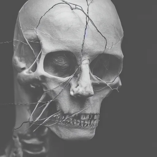 Prompt: translucent skin over a bone and wire man, moody, backlighting, hi res photoreal, dramatic