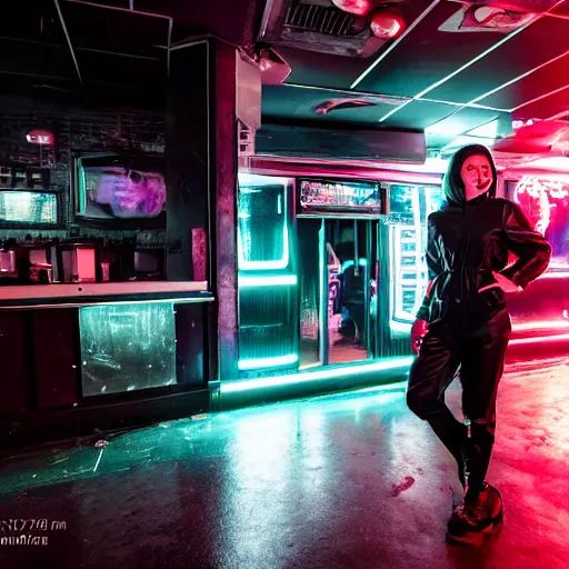 Image similar to photograph of a retro techwear women near the bar of a packed busy rundown nightclub, retrofuturism, brutalism, cyberpunk, sigma 85mm f/1.4, 15mm, 35mm, tilted frame, long exposure, 4k, high resolution, 4k, 8k, hd, wide angle lens, highly detailed, full color, harsh light and shadow