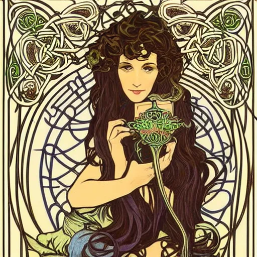 Image similar to lady with long curly hair with a cat beside her, celtic spread tarot cards on a table in front of her, elegant face, in a gypsy tent with Alphonse Mucha art nouveau poster style, with thin lines and pastel colors,