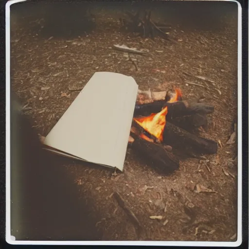 Image similar to polaroid photo of campfire with open book nearby