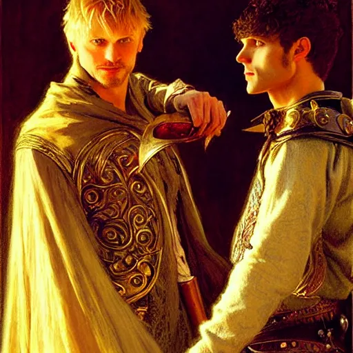 Image similar to attractive arthur pendragon with attractive male merlin the mage. they are in love. highly detailed painting by gaston bussiere, craig mullins, j. c. leyendecker