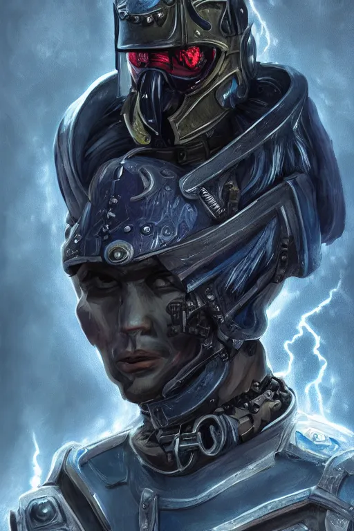 Prompt: portrait of beautiful gothic and futuristic young man, warhammer, cyber armor, a lot of more and more scars, thunderstorm, blue head, the middle ages, highly detailed, artstation, illustration, more and more composision, 8 k quality, art by greg gandy, vincent disederio