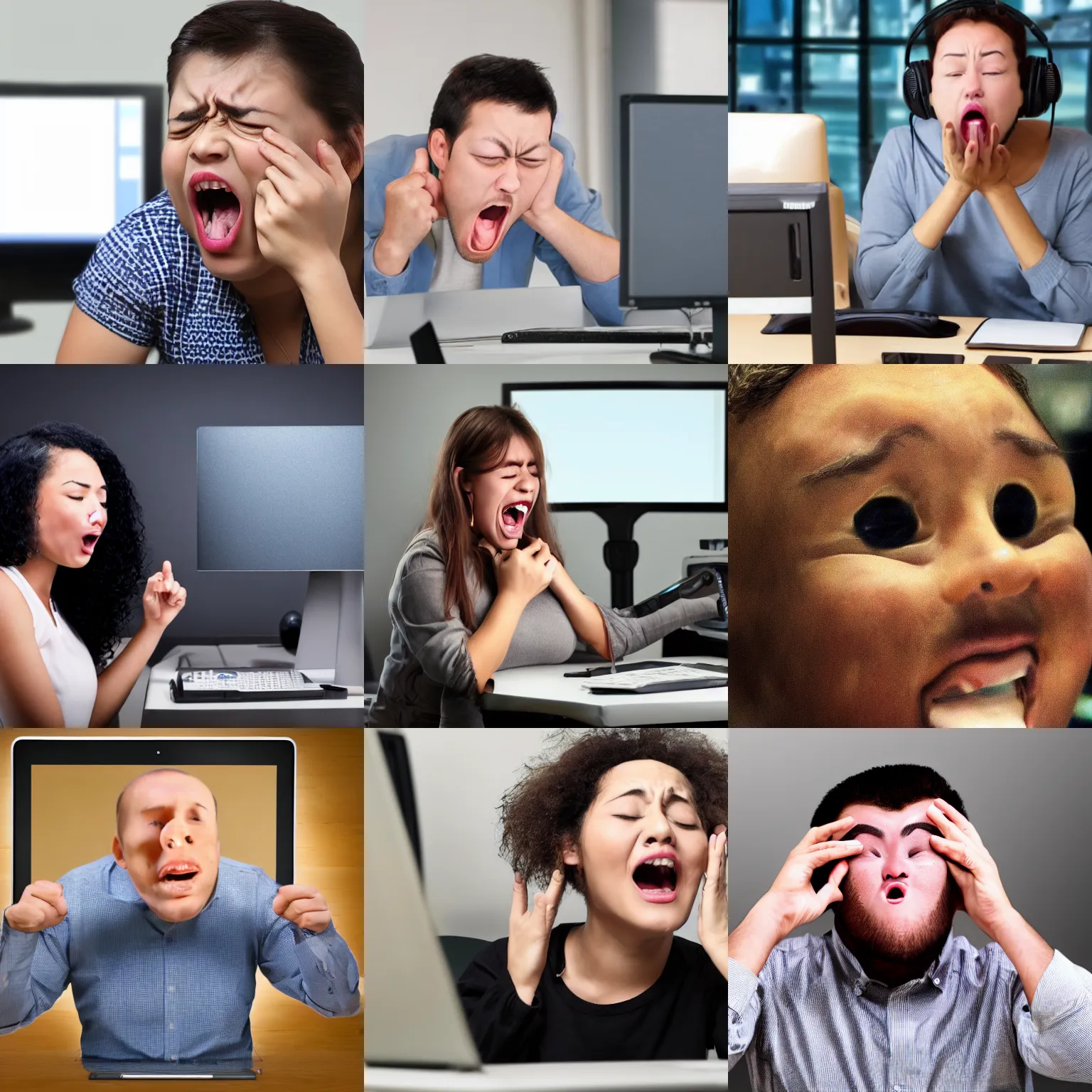 Prompt: a person with a very smallhead!! and large mouth yelling!!! at a computer screen, closed eyes