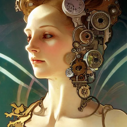 Prompt: A close-up portrait of a beautiful female android wearing a cracked porcelain face by Alphonse Mucha, exposed gears, steampunk, gears, art nouveau card, concept art, wlop, trending on artstation