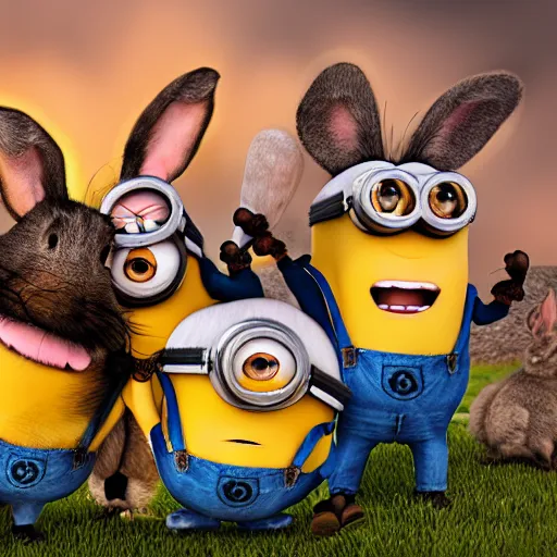 Prompt: A realistic portrait photo with a mix of minions and raving rabbits, hyper realistic, 8K HDR.