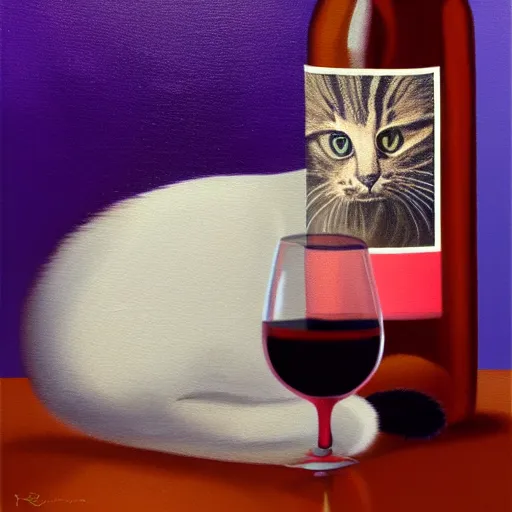 Image similar to beautiful oil painting of a cat in an empty bottle of wine, trending on artstation, 4 k, high quality, colorful