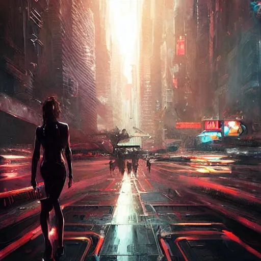 Image similar to milla jovovich looks to the camera in the foreground of art by greg rutkowski scifi future neon city