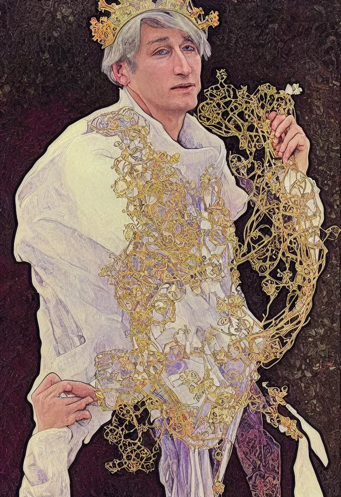 Image similar to realistic white - haired geoffrey hinton in a crown with neural networks on a tarot card, tarot in art style by alphonse mucha