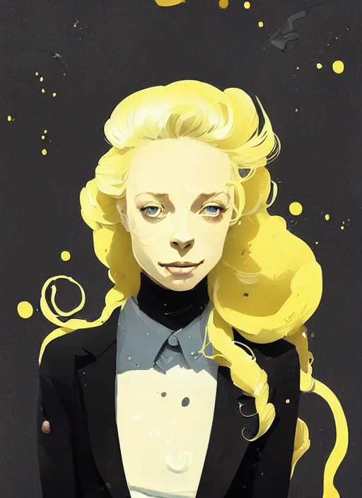 Image similar to highly detailed closeup portrait of beautiful portia doubleday, blonde wavy hair, angela moss, black suit by atey ghailan, by greg rutkowski, by greg tocchini, by james gilleard, by joe fenton, by kaethe butcher, gradient yellow, black and white color scheme, grunge aesthetic!!! ( ( graffiti tag wall background ) )