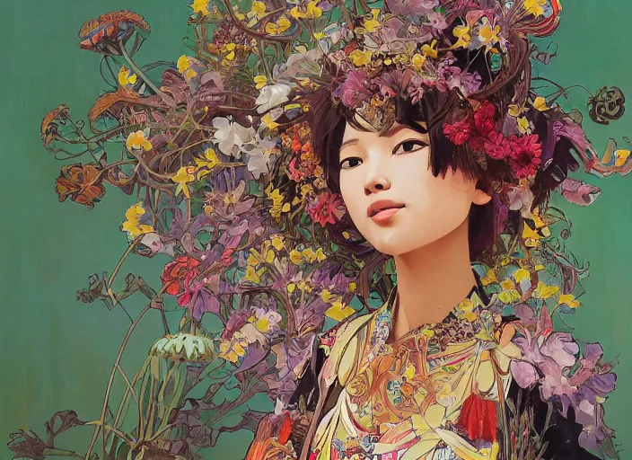 Image similar to oil painting, long shot, beautiful floralpunk iban bio mechanical female illustration detailed patterns art of sarawak traditional dress, flower pop art, floral splash painting, art by ashley wood, alphonse mucha, makoto shinkai, geof darrow, dark shadow