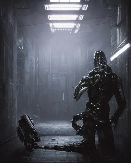 Image similar to Sci-Fi Lizard alien, armored, art by Kashin, Wadim, Martinière, Stephan, holding rifle, sharp focus, pitch black Spaceship hallway background, heroic pose, sci-fi horror artwork, octane render, dead space artwork, cyberpunk, horror, volumetric lighting, 8k high definition, highly detailed, trending on art Station, by Greg Rutkovski, magic the gathering artwork, centered, horror, sci-fi artwork, soft purple glow, warm light, arnold render