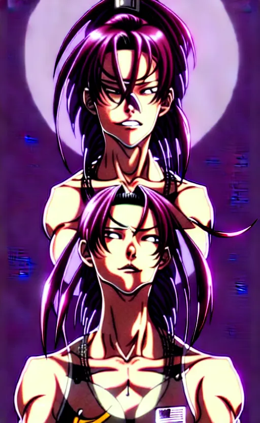 Image similar to a portrait of revy from black lagoon, dilraba dilmurarevy, smirk, black tank top, jean shorts, brown eyes, purple hair, tribal tattoos right arm sleeve, symmetrical eyes, symmetrical face, art by lois van baarle and loish and ross tran and rossdraws and sam yang and artgerm