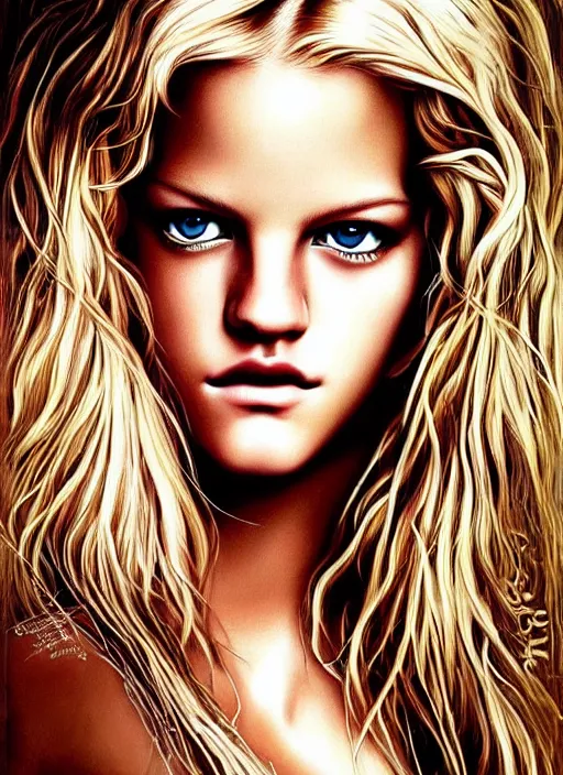 Image similar to portrait photo of a gorgeous young erin heatherton with intricate detailed dragon eyes in the style of stefan kostic realistic sharp